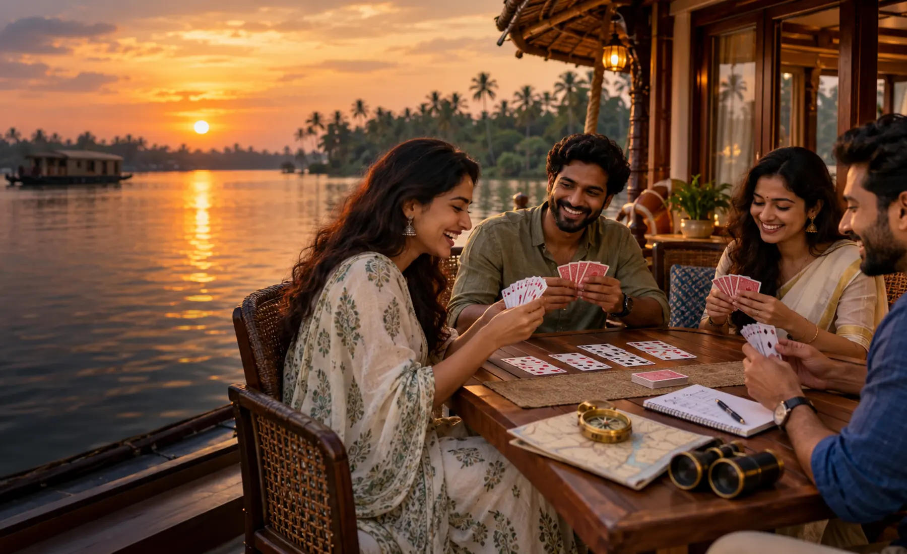 Adult friends enjoying Rummy in a Indian adults reviewing daily pattern sheets and game notes